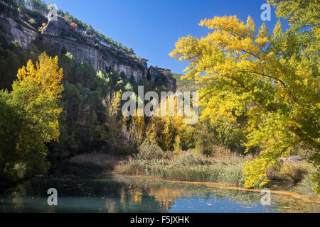 Autunno sul fiume Jucar in la Hoz del Jucar gorge a Cuenca, Castilla-la Mancha, Spagna centrale Foto Stock