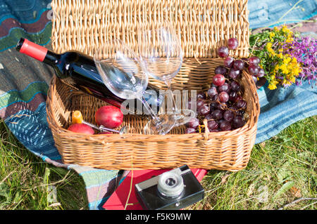 Attrezzature per picnic in un cesto di vimini su un blaknket all'aperto Foto Stock