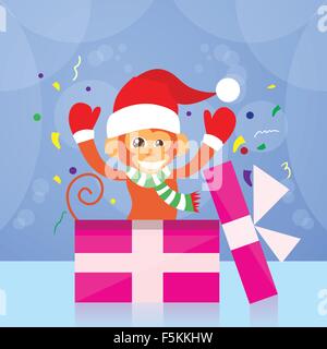 Scimmia con sorriso indossando Santa Hat detiene una confezione regalo Illustrazione Vettoriale