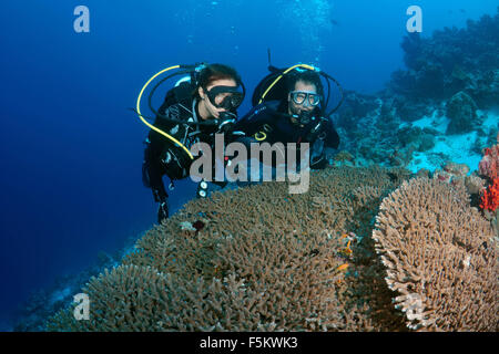 Oceano Indiano, Maldive. 26 Sep, 2015. Coppia giovane guardando al Coral Divers, Oceano Indiano, Maldive © Andrey Nekrasov/ZUMA filo/ZUMAPRESS.com/Alamy Live News Foto Stock