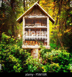 Legno casa di insetti. Bug decorativo hotel nella foresta di autunno Foto Stock