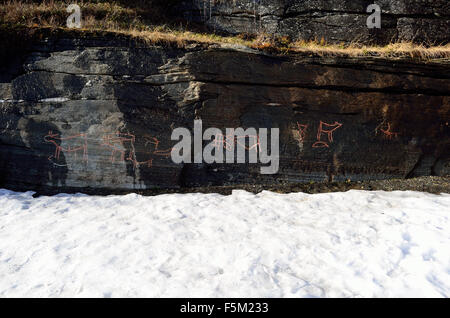 Vecchie incisioni rupestri incisioni rupestri che vanno dal 2000 al 4500 A.C. nel nord della Norvegia Foto Stock