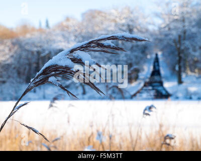 Neve invernale al Gnoll Station Wagon Country Park in Neath Port Talbot Wales UK Foto Stock