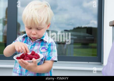 Bimbi maschio sul patio mangiare una tazza di lamponi Foto Stock