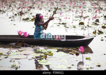 Dacca in Bangladesh. 6 Novembre, 2015. Bambini rurali raccogliere red giglio di acqua per il loro bestiame vicino a Dacca, il 06 novembre 2015. Quasi i tre quarti della popolazione vive in zone rurali. Le famiglie nelle zone rurali del Bangladesh si basano principalmente sull'agricoltura,pollame e la pesca per il loro reddito quotidiano. Al Summit sullo Sviluppo sostenibile il 25 settembre 2015, gli Stati membri delle Nazioni Unite adotteranno le 2030 Agenda per lo sviluppo sostenibile, che include un set di 17 Obiettivi di Sviluppo Sostenibile (SDGs) per porre fine alla povertà, lotta di disuguaglianza e di ingiustizia e di affrontare i cambiamenti climatici entro il 2030. © zakir hossain chowdhury za Foto Stock