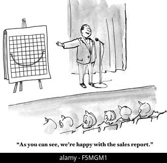 Business cartoon di un grafico con una linea che appare come un "sorriso". "Come si può vedere, siamo soddisfatti della relazione di vendita'. Foto Stock