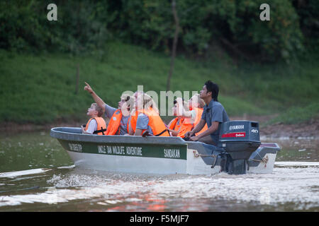 I turisti di crociera lungo il fiume Kinabatangan nel Borneo alla ricerca per la fauna selvatica Foto Stock