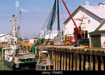 La pesca commerciale barca / a circuizione ancorato nel fiume Fraser Boat Harbour, Steveston, BC, British Columbia, Canada Foto Stock