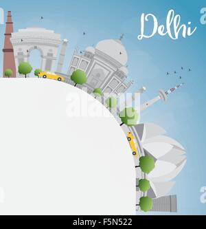 Delhi skyline con punti di riferimento di colore grigio, blu cielo e spazio copia. business viaggi e turismo concetto con posto per il testo. Illustrazione Vettoriale