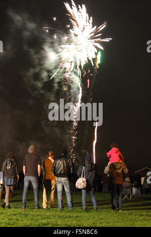 Feltham, Londra, Regno Unito. Il 6 novembre 2015. Spettatori guarda la tradizionale manifestazione annuale di 'fuochi d' artificio notte' a un display in Feltham South West London. Credito: Julia Gavin UK/Alamy Live News Foto Stock