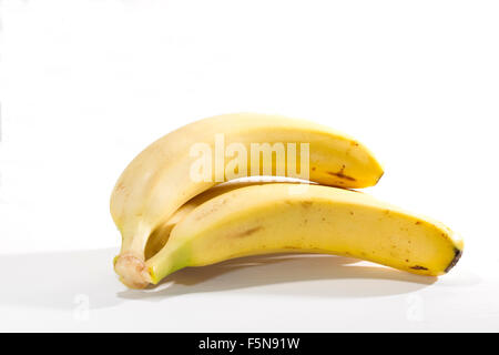 Le banane dalle isole Canarie su sfondo bianco, varietà Cavendish Foto Stock