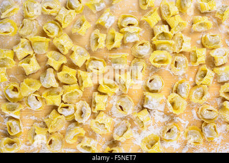 I tortellini emiliani casalingo italiano materie paste alimentari farcite con carne bovina e suina su sfondo di legno con la farina Foto Stock