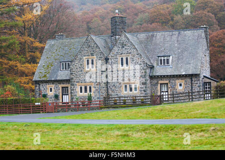 Case in colori autunnali al villaggio Elan nella Valle Elan, Powys, Galles centrale, Regno Unito nel mese di novembre Foto Stock