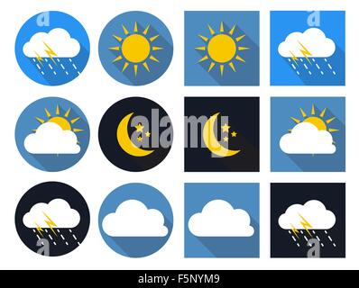 Icone meteo con Sun, Cloud, pioggia e Luna nel piatto con stile Illustrazione Vettoriale