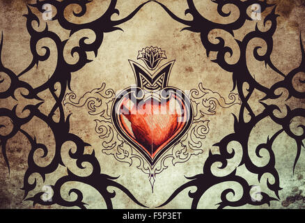 Arte del tatuaggio design, tribale con cuore rosso Foto Stock