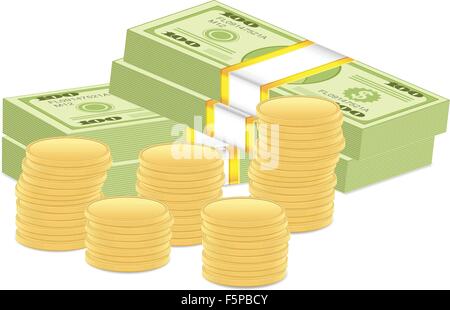 Dollaro pack di banconote e monete su sfondo bianco. Illustrazione Vettoriale. Illustrazione Vettoriale