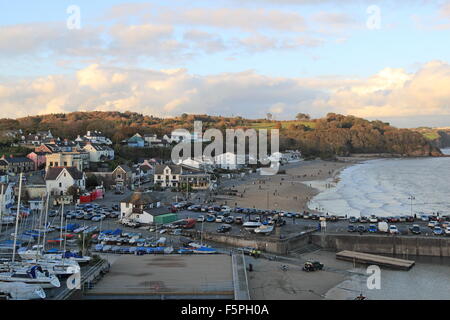 Saundersfoot da ST BRIDES HILL, Pembrokeshire, Dyfed Galles, Gran Bretagna, Regno Unito, Gran Bretagna, Europa Foto Stock