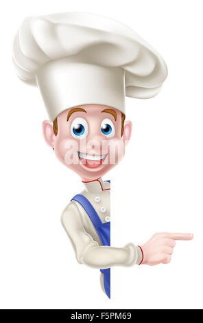 Un cartoon chef cuoco o baker mascotte uomo peeking intorno a un segno e puntamento. Foto Stock