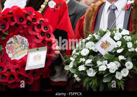 Aberystwyth, UK. 8 Novembre, 2015. Centinaia di persone si sono radunate per pagare i loro rispetti ai morti delle due guerre mondiali e altri conflitti al ricordo annuale cerimonia di domenica al piede di Aberystwyth iconici memoriale di guerra sul promontorio proteso verso il mare. Sia il bianco e il rosso papavero corone sono state previste durante la cerimonia, dai rappresentanti della legione britannica, il consiglio comunale e il locale la pace e la giustizia rete. Dopo la cerimonia tutte le ghirlande sono state raccolte per tenerli al sicuro davanti a gale force venti che sono previsioni meteo per colpire la costa occidentale © keith morris/Alamy Foto Stock