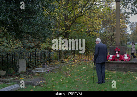 Prosciutto, Surrey, Regno Unito. 08 Nov, 2015. Un veterano della RAF con un bastone da passeggio paga i suoi rispetti in mezzo a caduta foglie presso la War Memorial a St Andrews Chiesa, prosciutto, Surrey sul ricordo Domenica: Credito a vista/fotografica Alamy Live News Foto Stock