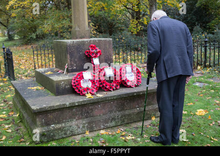 Prosciutto, Surrey, Regno Unito. 08 Nov, 2015. Un veterano della RAF con un bastone da passeggio paga i suoi rispetti in mezzo a caduta foglie presso la War Memorial a St Andrews Chiesa, prosciutto, Surrey sul ricordo Domenica: Credito a vista/fotografica Alamy Live News Foto Stock