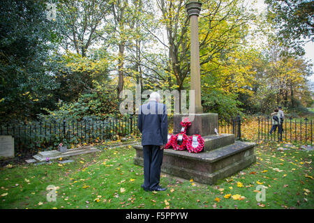 Prosciutto, Surrey, Regno Unito. 08 Nov, 2015. Un veterano della RAF con un bastone da passeggio paga i suoi rispetti in mezzo a caduta foglie presso la War Memorial a St Andrews Chiesa, prosciutto, Surrey sul ricordo Domenica: Credito a vista/fotografica Alamy Live News Foto Stock