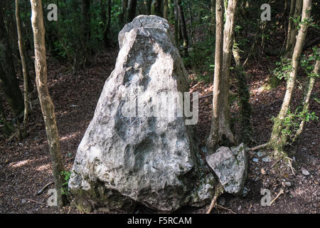 Nuovo simbolo di età graffiato nella roccia nel bosco in montagna Bugarach.Bugarach,New Age,pic de,picco,d,Aude,UFO,hippy,Francia del sud. Foto Stock