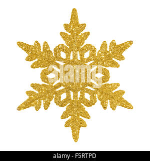 Golden ornamentali il simbolo del fiocco di neve scintillante puro su sfondo bianco Foto Stock