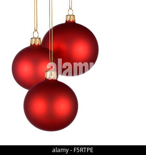 Disposizione di natale con tre baubles rosso su bianco puro e sfondo per il vostro testo e/o la progettazione Foto Stock