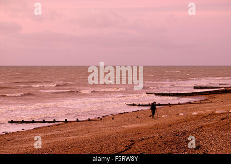 Un cacciatore di tesori utilizzando un rilevatore di metalli su Worthing beach nelle prime ore del mattino (rosa) winter sunrise Foto Stock