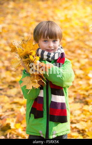 Ragazzo nel parco in autunno trattenere foglie nelle sue mani Foto Stock