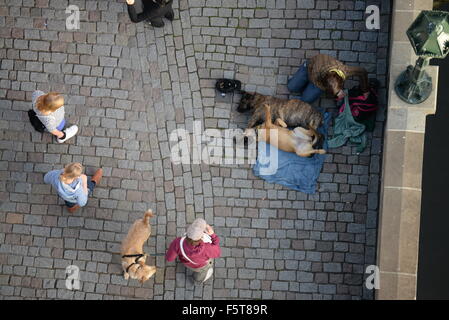 Beggar con cani sul Ponte Carlo a Praga, Boemia, Repubblica ceca, Unione Europea, Europa Foto Stock