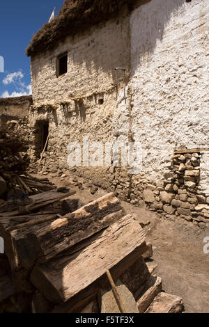 India, Himachal Pradesh, Spiti, Hikkim, legno pila al di fuori del tradizionale casa costruita con pietra e fango e pareti di rendering Foto Stock