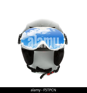 Casco bianco e gli occhiali di protezione isolati su sfondo bianco Foto Stock