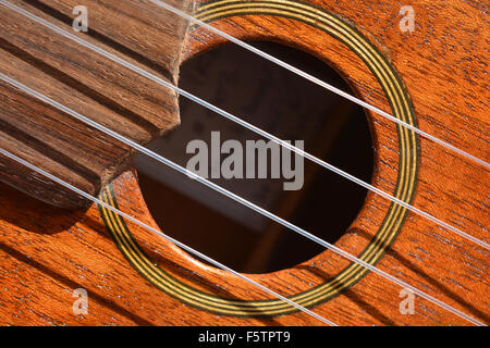 Dettaglio delle stringhe di fluorocarburo oltre il foro del suono e rosetta su un soprano ukulele. Foto Stock