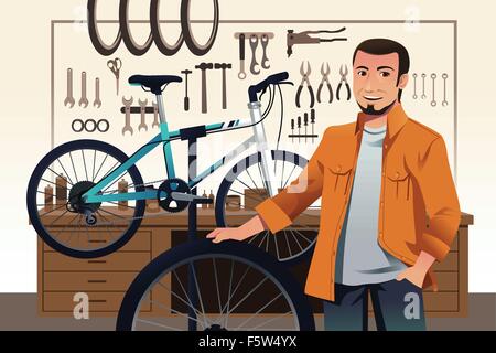 Una illustrazione vettoriale della bicicletta il proprietario del negozio nel suo moto negozio di riparazione Illustrazione Vettoriale