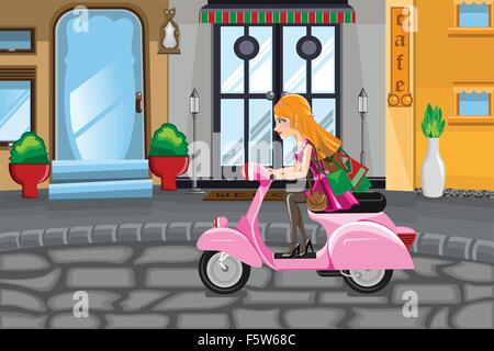 Una illustrazione vettoriale della ragazza moderna a cavallo di uno scooter il trasporto delle borse della spesa Illustrazione Vettoriale