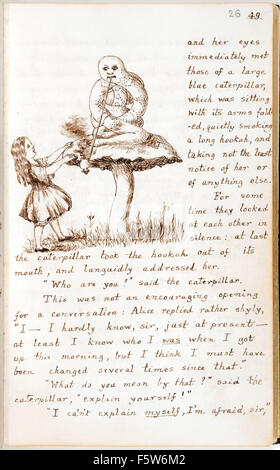 Alice incontra il grande blu caterpillar, dal manoscritto originale di "Alice sotto terra' di Charles Lutwidge Dodgson (1832-1898) dato ad Alice Liddell nel novembre 1864 e pubblicata sotto il titolo "Alice nel paese delle meraviglie" nel 1865 sotto la penna-nome Lewis Carroll. Vedere la descrizione per maggiori informazioni. Foto Stock