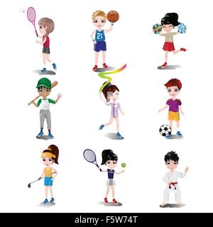 Una illustrazione vettoriale di bambini che esercitano e la riproduzione di diversi sport Illustrazione Vettoriale