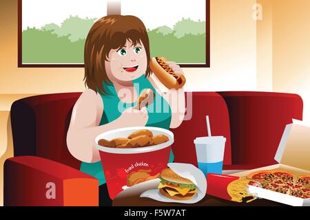 Una illustrazione vettoriale di sovrappeso donna di mangiare fast food Illustrazione Vettoriale