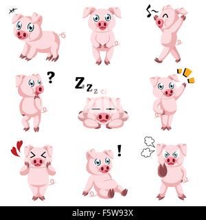 Una illustrazione vettoriale di maiale simpatico cartoon icona set Illustrazione Vettoriale