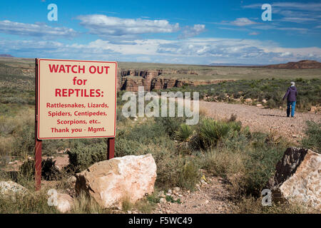 Cameron, Arizona - un elenco dei pericoli di fronte al incauti viaggiatori è inviato a un po' di Colorado River Gorge si affacciano. Foto Stock