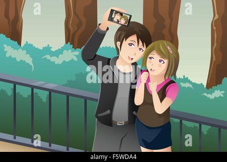 Una illustrazione vettoriale di coppia felice prendendo un selfie foto di se stessi Illustrazione Vettoriale