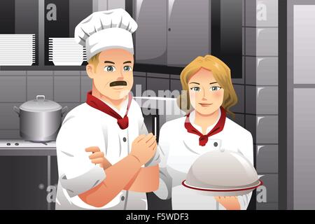 Una illustrazione vettoriale di un ristorante lo chef tenendo un piatto di cibo Illustrazione Vettoriale