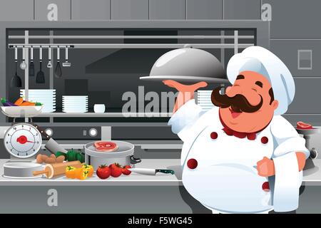 Una illustrazione vettoriale di chef tenendo un piatto di cibo in cucina Illustrazione Vettoriale
