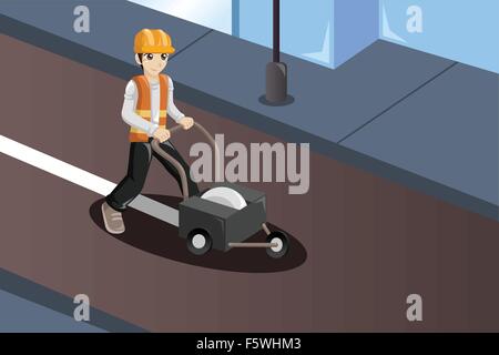 Una illustrazione vettoriale di strada lavoratore dipinto le linee di circolazione su strada Illustrazione Vettoriale