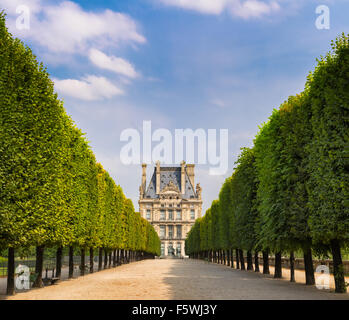 Tuilleries giardino alberato di vista che conduce al Museo del Louvre. Estate vista La Terrasse du Bord de l'Eau a Parigi, Francia Foto Stock