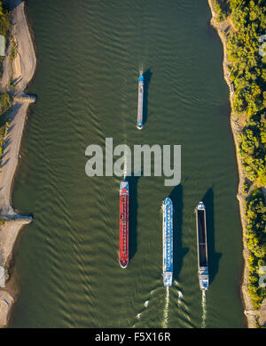 Le navi da carico sul Reno in Rheinhausen e Huckingen, contenitore barge, il contenitore di spedizione, i trasporti per via navigabile, gas nave, Foto Stock