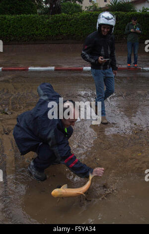 Gerusalemme, Israele. 9 Nov, 2015. Un israeliano l'uomo cerca di catturare un pesce in un invaso street dopo forti piogge in Ashkelon, Israele sud, su nov. 9, 2015. © JINI/Albert Sadikov/Xinhua/Alamy Live News Foto Stock