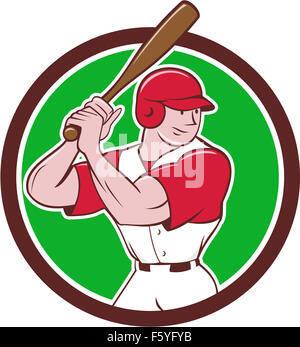 Illustrazione di un american giocatore di baseball della pastella hitter con bat batting posizione osservata dal lato in cerchio interno realizzato in stile cartoon isolato su sfondo. Foto Stock